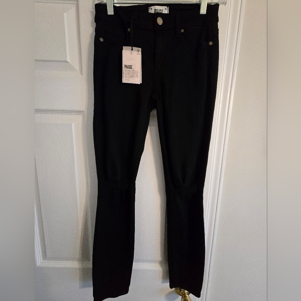 PAIGE Classic Black Skinny Jeans, Distressed Knees, Size 25